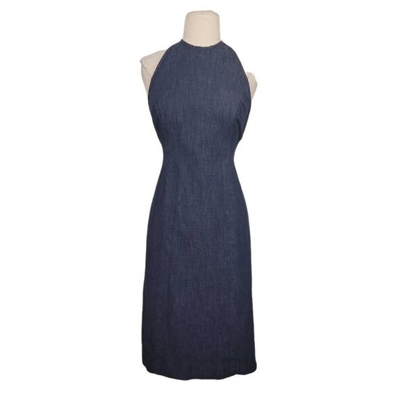 Vtg 90s Ann Taylor Denim Halter Dress Sz 4P‎ Dark Wash Open Tie Back Stretchy - Picture 1 of 8